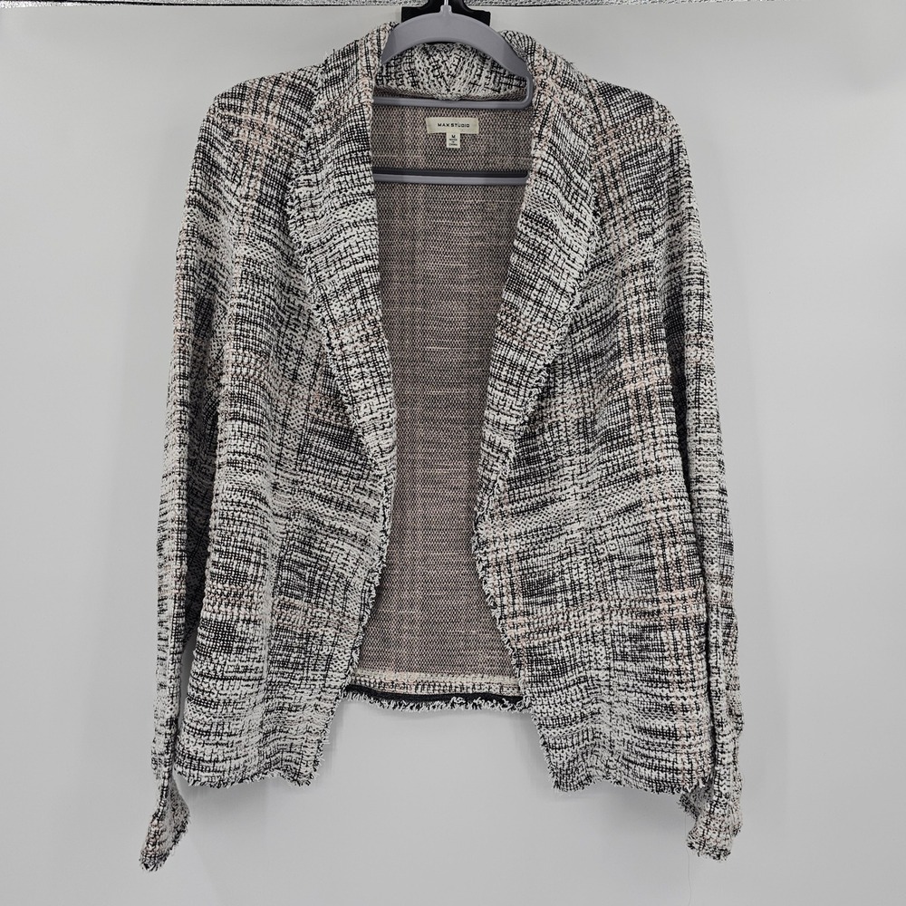 Max‎ Studio Womens Black White Tweed Boucle Open Front Blazer Jacket Fringe M